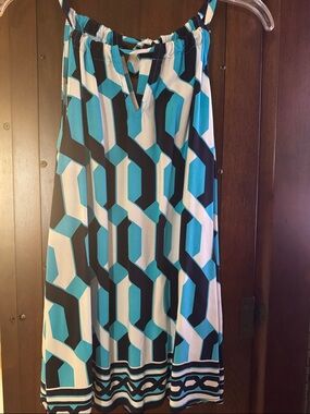 Geometric Print Sleeveless Summer Top in Teal, Black & White